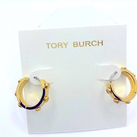 New Tory Burch Gold Logo Small Raised Huggie Hoop Earrings - Picture 4 of 6